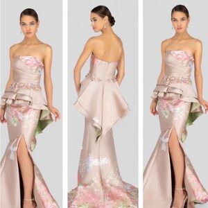 Terani Couture Strapless Blush Floral Peplum Mermaid Gown